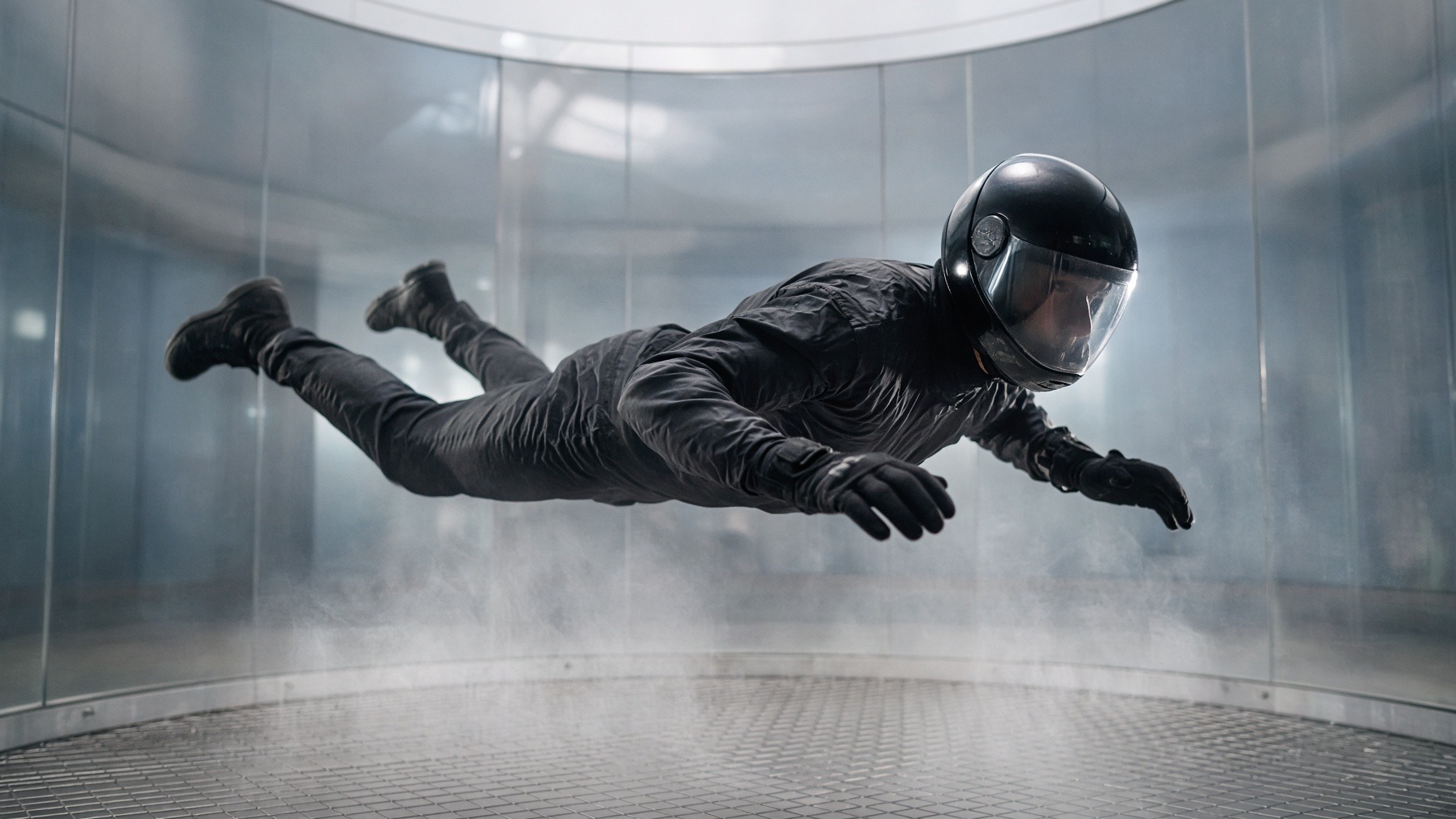Illustrative image: a flyer floating on the airflow inside a vertical wind tunnel